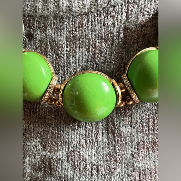 Vintage Art Deco Green cabochon Bubbles Necklace rhinestone spacer double golden - Picture 7 of 10